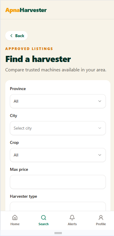 Apna Harvester app — owner listing a harvester with rates and schedule